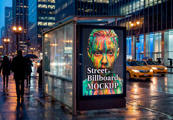 Bus Stop Billboard In Rainy City Night Mockup