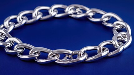Obraz premium Polished stainless steel chain links forming a circular design against a vibrant blue background