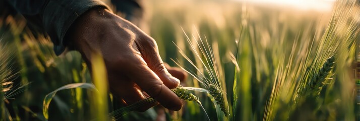Hand gently touching green wheat in the field.