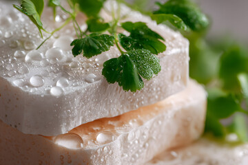 Close view of soap with water droplets and green leaves of cilantro in a simple setting
