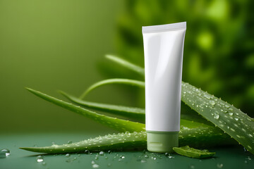 Cream tube placed on aloe vera leaves with drops of water in a garden setting at daytime