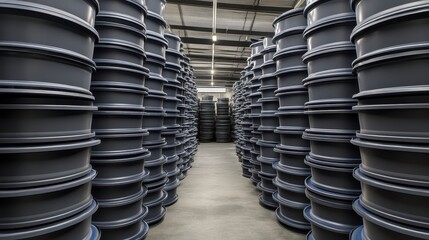 Rows of large robust dark gray plastic storage tubs stacked high in a spacious industrial warehouse