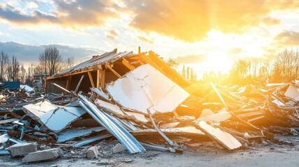 Sunlight illuminates the wreckage of a demolished building pile of debris and twisted metal fragments from construction materials after destruction