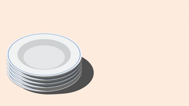 Isometric plates animation. Empty plates. Isometric cutlery. Isometric tableware. 4K video animated in isometric style