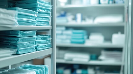 Stacks of individually sealed sterile medical dressings neatly arranged on shelves in a healthcare storage area