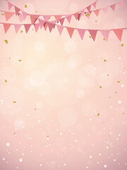 Pink hanging flag garlands and golden confetti with soft bokeh blurred pink vertical background
