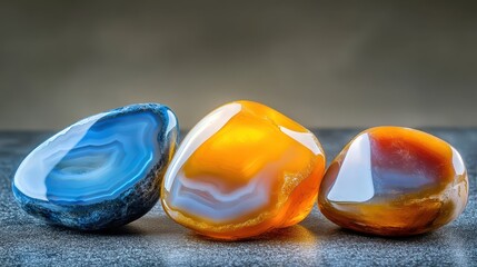 Three smooth translucent polished agate gemstones in shades of orange and blue displayed on a textured surface with soft lighting
