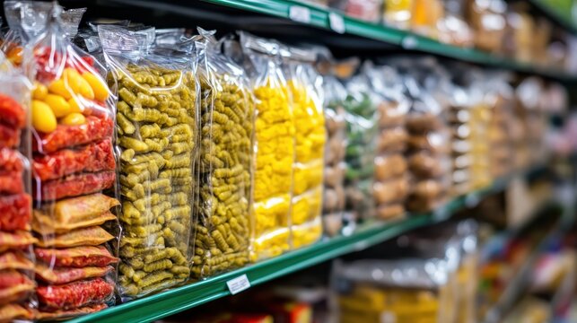 Shelves stacked with a variety of packaged food products in a grocery store aisle