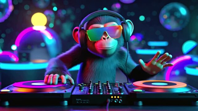3D animated stylish monkey wearing mirrored sunglasses oversized headphones, DJing holographic vinyl turntables colorful neon holographic lights swirling floating abstract particles glowing futuristic