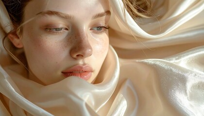 Tela de seda desliz&aacute;ndose sobre la piel, iluminaci&oacute;n suave, colores neutros elegantes, sensaci&oacute;n t&aacute;ctil extrema