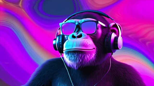 3D animated stylish monkey wearing mirrored sunglasses oversized headphones, DJing holographic vinyl turntables colorful neon holographic lights swirling floating abstract particles glowing futuristic