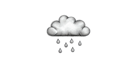 Monochrome illustration of a cloud releasing raindrops. Weather symbol depicted on a black background