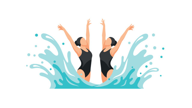Dynamic synchronized swimming duo with splashing water in flat design