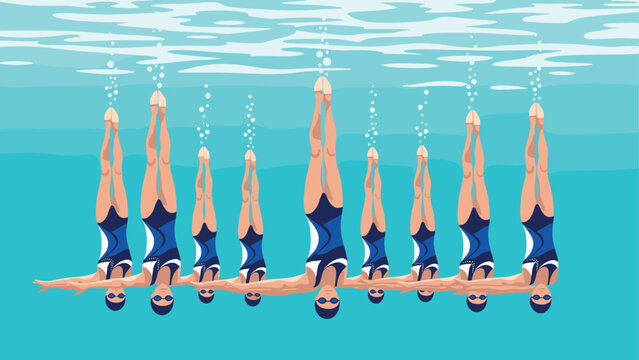 Synchronized swimming team performing underwater routine in artistic symmetry