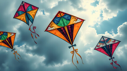 Colorful traditional kites soaring in a bright blue sky, symbolizing joy, freedom, and festive spirit of Indian celebrations like Lohri and Makar Sankranti, capturing vibrant colors, and happiness.