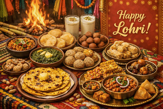 A rich Lohri festival food spread with makki roti, sarson da saag, gur sweets, revri, gajak, peanuts, sugarcane, and lassi set near a glowing bonfire, showcasing Punjabi culture, warmth, harvest joy.
