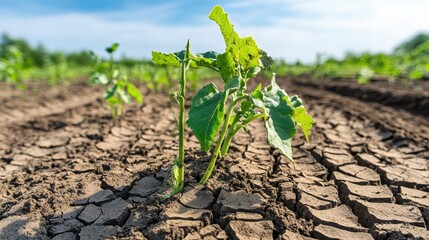 Young green plants struggle to grow in severely dehydrated cracked earth under a bright blue sky