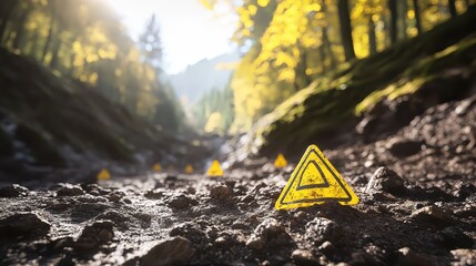 Yellow hazard markers signal unstable ground in a sunlit forest environment with rocky terrain and blurred trees in the background