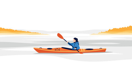 Person kayaking on serene lake with autumn colors in minimalist style
