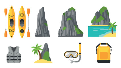 Obraz premium Flat style adventure icons: kayaking, snorkeling, and island exploration