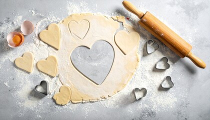 Heart-shaped dough pieces lie on a floured surface with a rolling pin and cutters