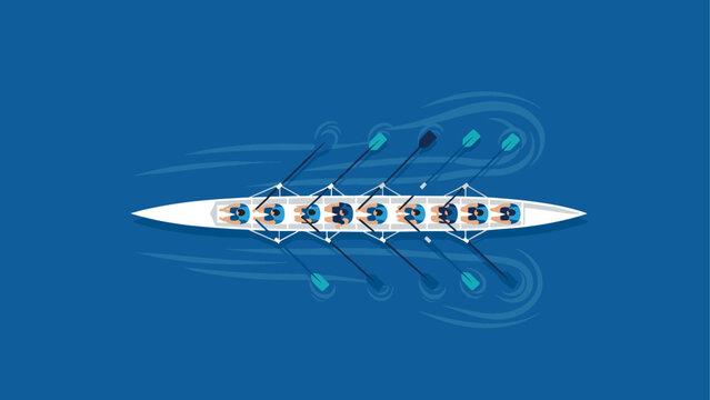 Teamwork in motion: overhead view of a rowing crew in action