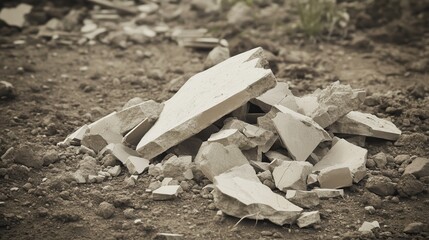 Cracked fragmented ceramic shards scattered across dry earth and debris