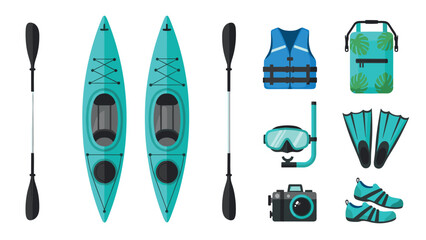 Kayaking adventure gear set featuring canoes, paddles, and snorkeling equipment in flat design
