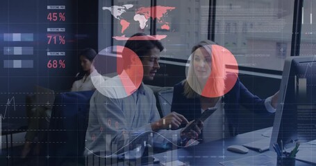 Animation of statistical data processing over diverse man woman discussing over a computer at office - Powered by Adobe