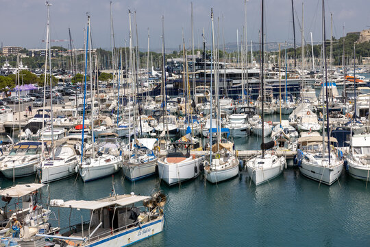 Luxury yachts and motorboats moored at port Vauban in Antibes, French Riviera, France