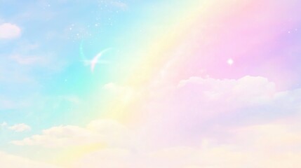 Dreamy pastel sky with a faint rainbow arc over soft fluffy clouds at dawn
