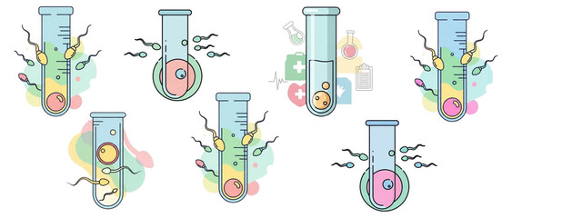 A graphic illustration representing stages of in-vitro fertilization. Several test tubes contain eggs and sperm, indicating medical and biology related content.

