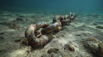 decades. Rusted anchor chain resting on seabed sand, underwater marine scene. mobility guides, transit brochures, designed for transport & logistics marketing, used by data analysts and bi analysts.