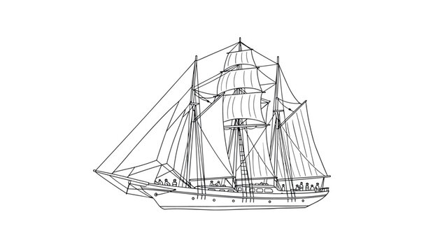 Sailing ship in linear art style with detailed mast and rigging depiction
