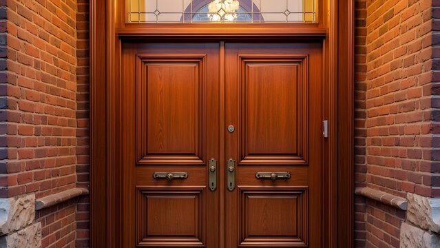 Elegant double wooden entrance doors with ornate hardware and stained glass transom window flanked by brick walls.