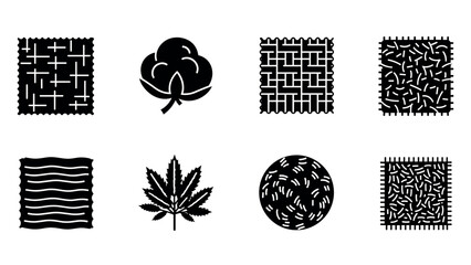 Fototapeta premium Set of fabric and textile icons featuring cotton, wool, and hemp in black and white silhouette style