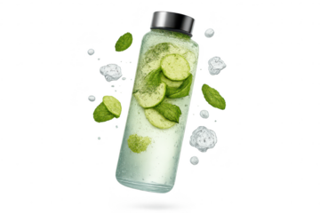 Infused water bottle with lime and mint on transparent background.