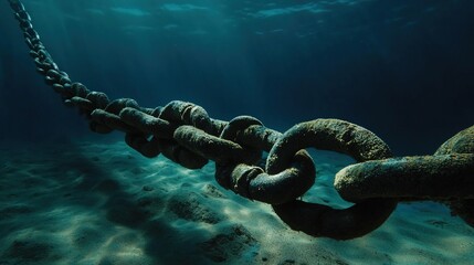 decades. Rusted anchor chain resting on seabed sand, underwater marine scene. mobility guides, transit brochures, designed for transport & logistics marketing, used by data analysts and bi analysts.