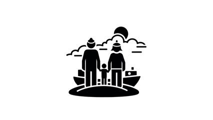 Family travel adventure: minimalist silhouette with cruise ship and sunset