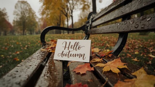 A hello autumn card rests on a rain-soaked park bench surrounded by vibrant fallen leaves. the scene essence of fall with colorful foliage and a peaceful, wet atmosphere in the park.