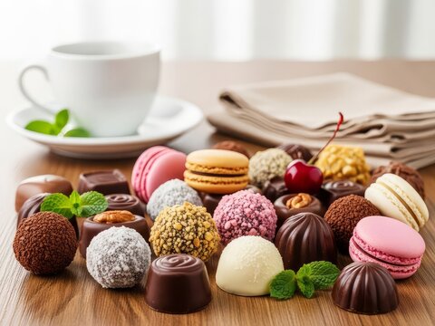 Assorted chocolates and macarons on a wooden table with a cup of coffee in the background for a delightful dessert experience with sweet treats and beverages with desserts - Powered by Adobe