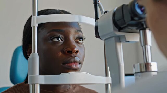 Black woman modern optometry clinic high-tech retinograph, cinematic lighting, close-up eye scan, holographic data overlays, futuristic medical equipment LED professional healthcare environment, 4K