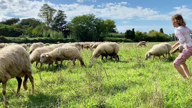 A wide-angle, horizontal candid shot of a young girl with blonde hair, wearing a floral-patterned shirt, crouching in a sunlit green meadow. She is intently observing a flock of sheep grazing 