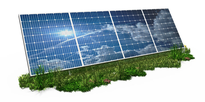 3d Solarpanel auf gr&uuml;ner Wiese mit Wolken und Sonne, gr&uuml;ner Strom, freigestellt auf transparenten Hintergrund