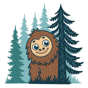 Cute cartoon Bigfoot peeking from behind a pine tree in a forest