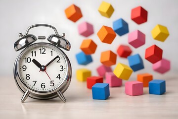 Retro alarm clock with colorful falling blocks symbolizing time passing and childhood fun