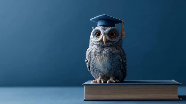 Intelligent owl figurine wearing a blue graduation cap with a tassel is sitting on top of a thick book, symbolizing wisdom, higher education, knowledge, and academic achievement
