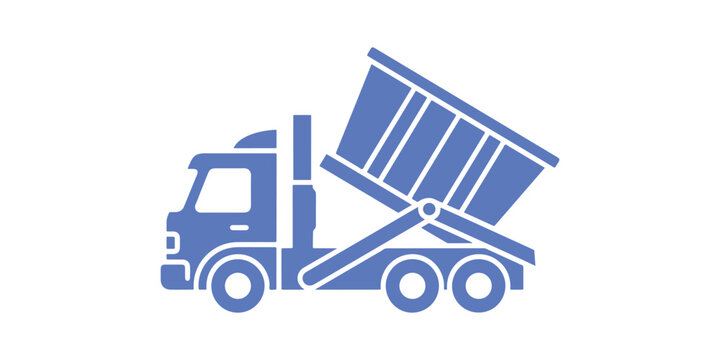 Glyph icon of a roll-off truck. Dumpster with an open top. Organizing clear outs. A convenient way to dispose of waste. Hauling away household junk. Isolated vector illustration.