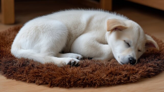 A cute baby jindo puppy curls up on a soft brown rug, eyes gently closed in a peaceful slumber. The cozy setting feels warm and inviting, perfect for a little nap