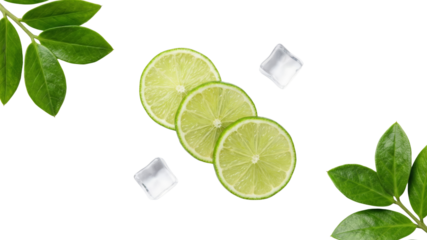 Fresh Lime Slices with Ice Cubes and Green Leaves on White Background